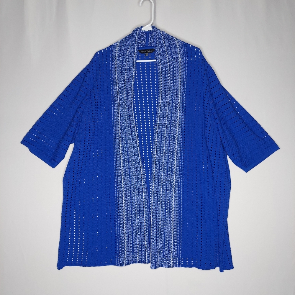 Ming Wang Long Cardigan Sweater 2X Blue Holey Knit Open Front Half Sleeve